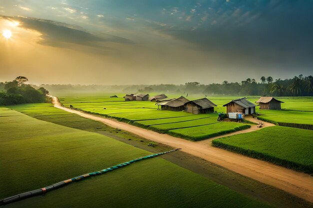 una granja en medio de un campo de arroz