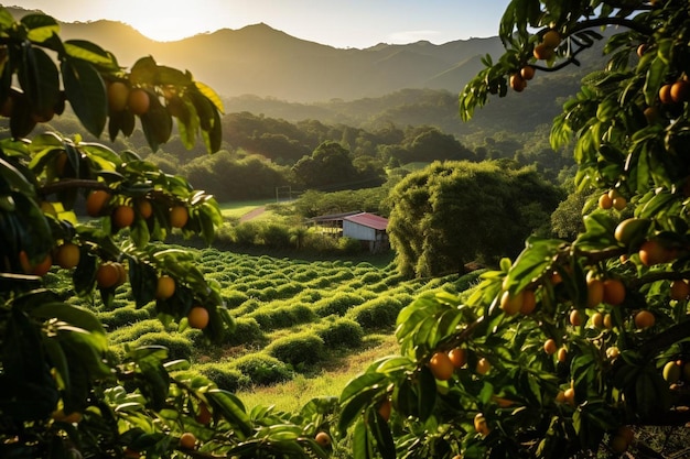 Granja de melocotones tropicales con exuberante vegetación Fotografía de melacones