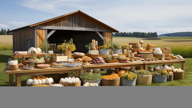 De la granja a la mesa: distribución rústica de productos frescos, pan, quesos y conservas en tablas de madera