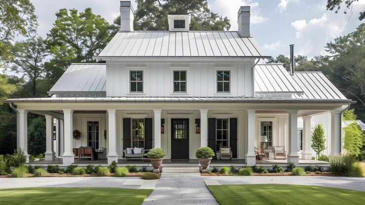 La granja moderna brilla con revestimiento de madera blanca puerta negra y columnas elegantes