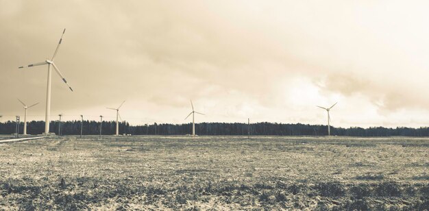 Granja de molinos de viento o parque eólico con turbinas eólicas altas para generar electricidad