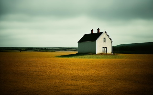 Granja o casa en medio de un concepto llano vacío de soledad y mundo solo