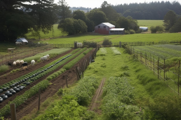 Granja orgánica con cultivos en hileras y pastoreo de ganado en las cercanías creada con IA generativa