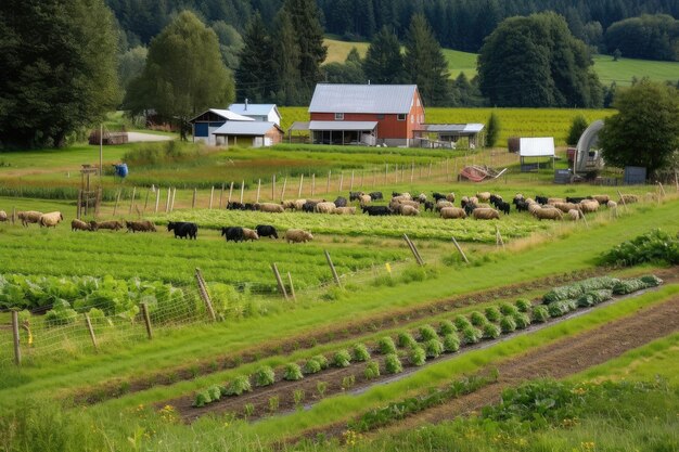 Granja orgánica con cultivos en hileras y pastoreo de ganado en las cercanías creada con IA generativa