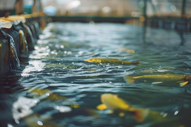 Foto la granja de peces utiliza tecnología avanzada para la alimentación y el control de la calidad del agua concepto tecnología de acuicultura innovación en la alimentación de los peces gestión de la cualidad del agua prácticas agrícolas sostenibles