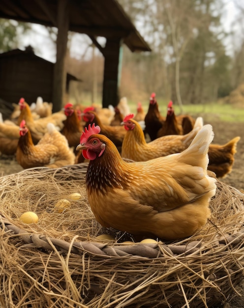 Foto una granja de pollos llena de aves de corral rojas la gallina se sienta en el nido para incubar los huevos ia generativa