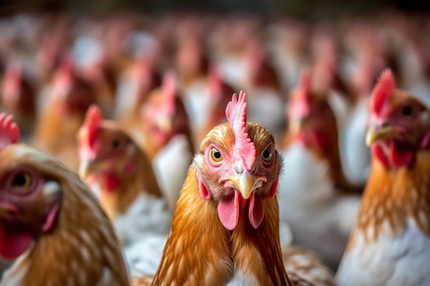 Granja de pollos con muchos pollos saludables y huevos frescos IA generativa