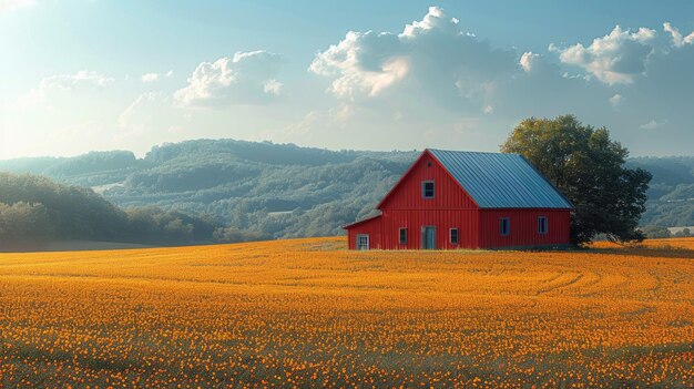 Una granja roja entre la naturaleza