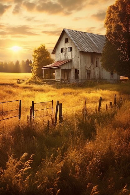 Una granja rural al amanecer con luz dorada que fluye a través de las ventanas del granero