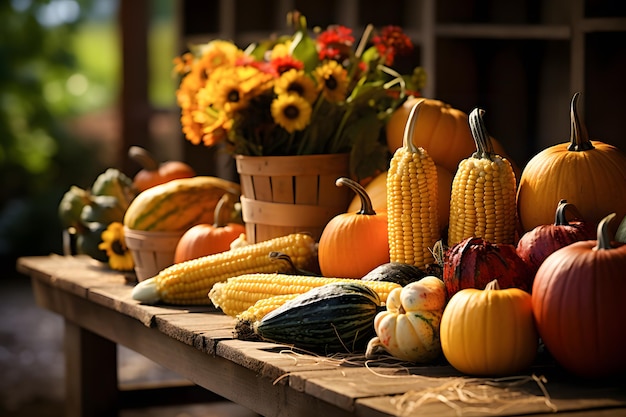 La granja rústica Harvest Bounty está repleta de productos coloridos como calabazas, calabazas, maíz y