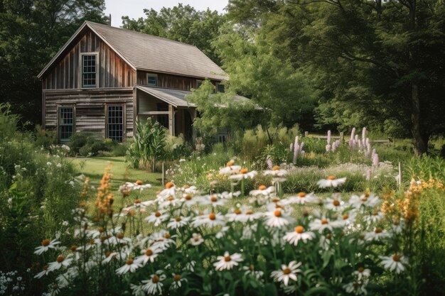 Granja rústica rodeada de flores florecientes y vegetación creada con ai generativo