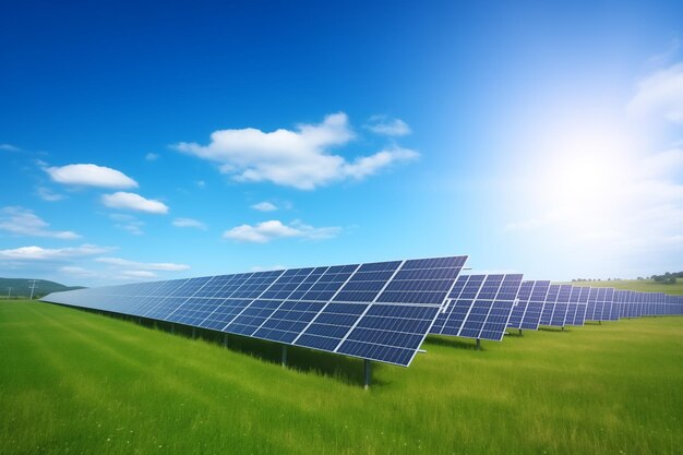 Foto granja solar en un fondo de cielo brillante concepto de energía verde