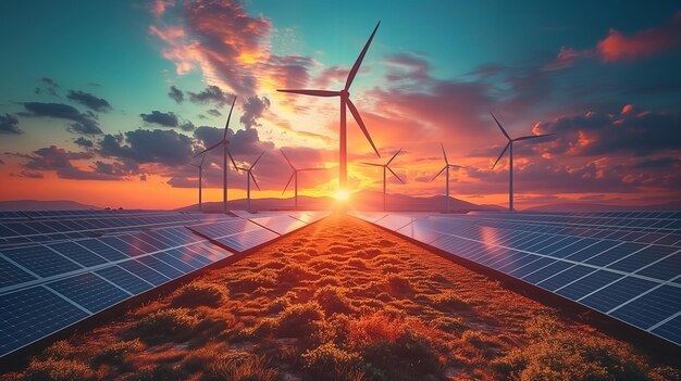 Foto granja solar con molinos de viento