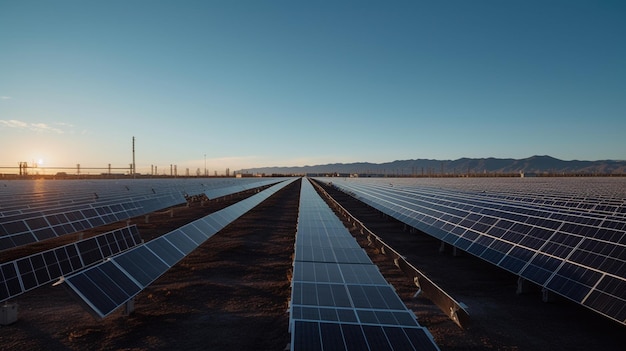 Una granja solar con una montaña al fondo