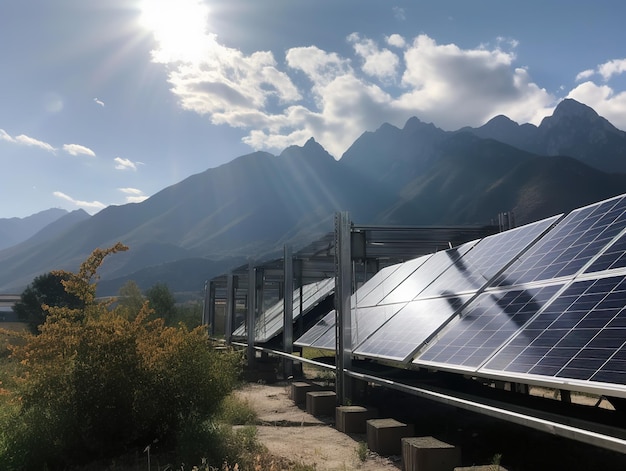 Una granja solar con montañas al fondo