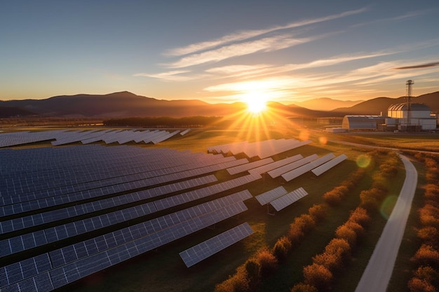 Una granja solar con la puesta de sol detrás de ella