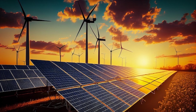 Una granja solar con turbinas eólicas al fondo.