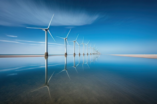 Granja de turbinas eólicas en aguas tranquilas de un lago Ai generado