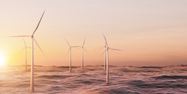 Granja de turbinas eólicas en el océano, gran parque de molinos de viento en el lago o el océano con la hora del atardecer, representación de la ilustración 3d