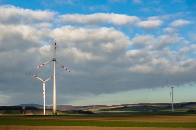 Granja de turbinas de viento en campo verde.