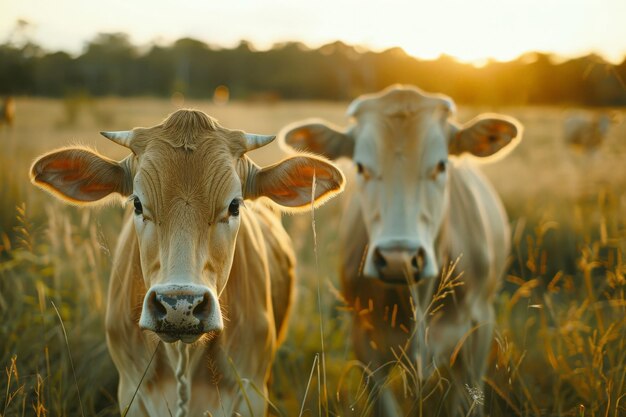 Granja de vacas Una imagen de vacas en un prado durante el verano al atardecer Animal agrícola