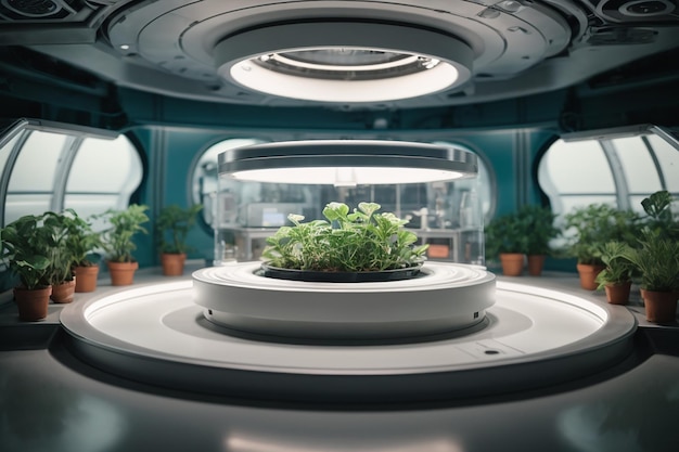 Granja de vegetales orgánicos, fábrica de vegetales hidropónicos, planta futurista, sala de laboratorio de hidroponía en una nave espacial con podio circular