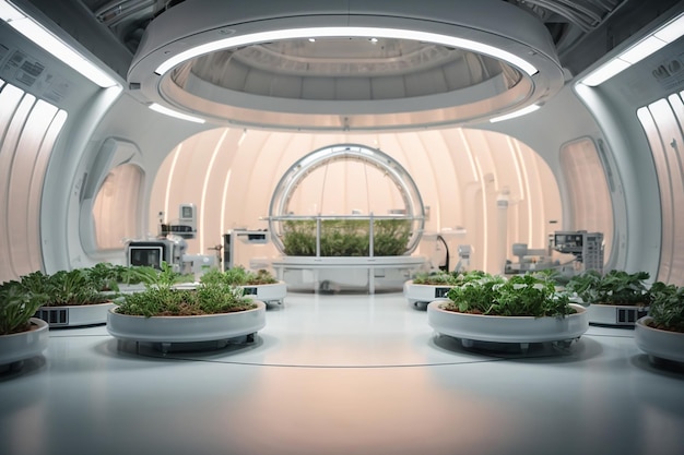 Granja de vegetales orgánicos, fábrica de vegetales hidropónicos, planta futurista, sala de laboratorio de hidroponía en una nave espacial con podio circular