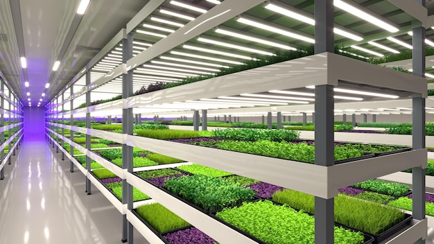 Granja vertical interior Fábrica de plantas de microvegetales hidropónicos Las plantas crecen con luces led Agricultura sostenible para la ilustración 3d de alimentos futuros