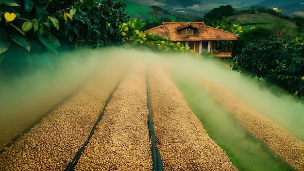 Granjas de agricultura de niebla verde de granos de café en Colombia