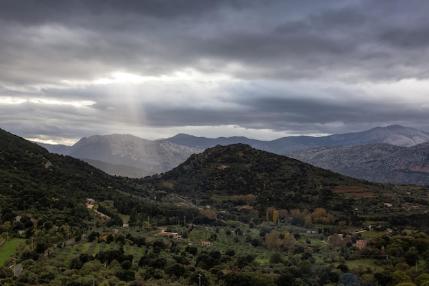 Granjas y campos verdes con paisaje montañoso de fondo cerca de Dorgali Cerdeña Italia