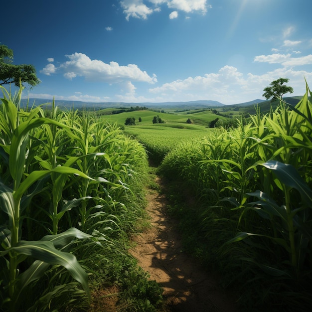 Las granjas privadas expanden filas ordenadas de maíz joven que muestran un crecimiento verde exuberante para Social Media Post S