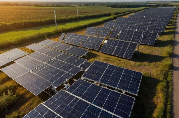 Granjas solares y turbinas eólicas en el paisaje rural