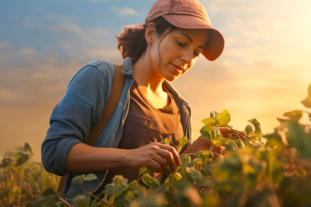 Una granjera cuidando un campo de cultivos