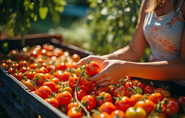 Una granjera organiza cajas de tomates deliciosos en el jardín de la granja