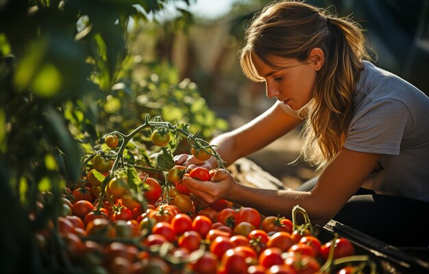 Una granjera organiza cajas de tomates deliciosos en el jardín de la granja