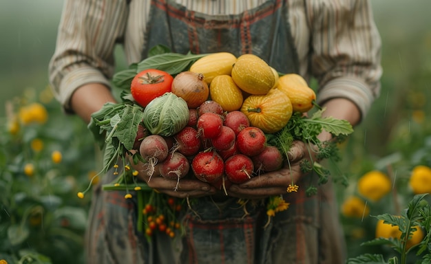 La granjera sostiene un gran ramo de verduras frescas en sus manos