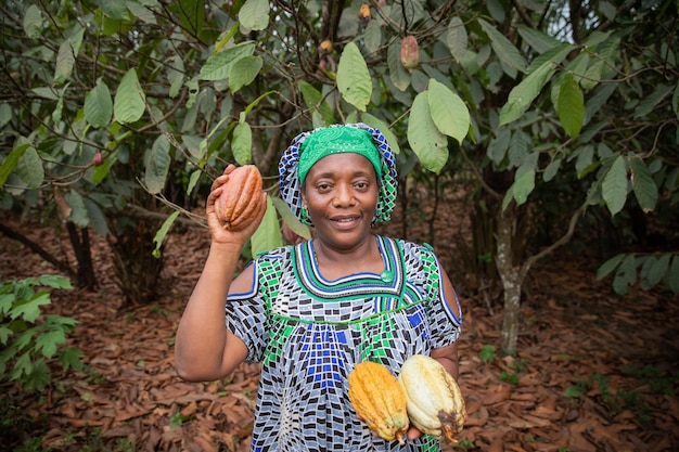 Granjero africano con vainas de cacao recién cosechadas de su plantación