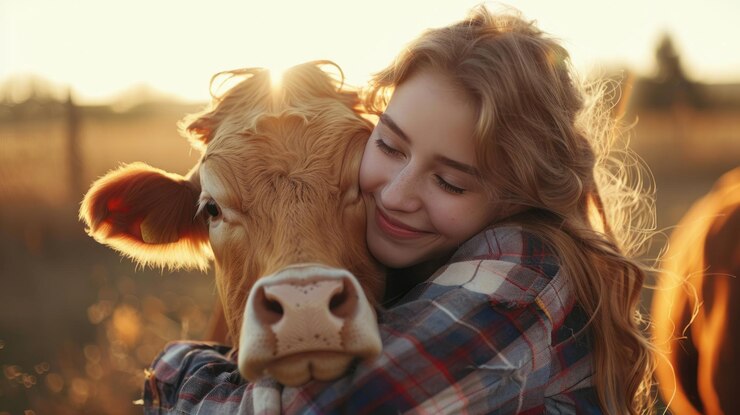 Un granjero agrícola abrazando a una vaca con la luz del sol un concepto que se relaciona con la atención médica veterinaria