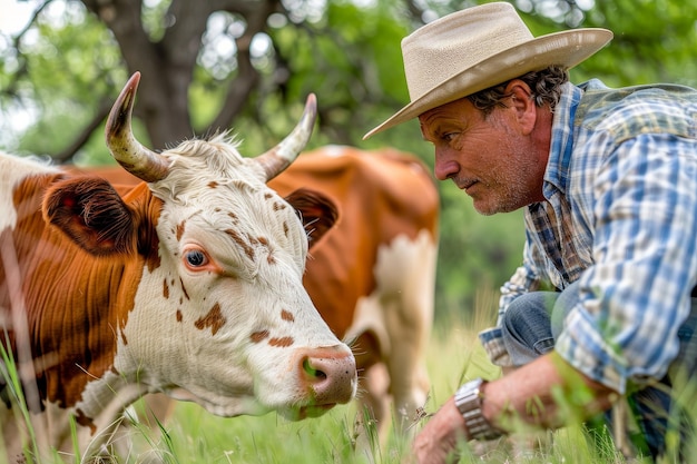 Un granjero al aire libre en la naturaleza en un campo de hierba cuidando de alimentar y criar ganado Un hombre en la industria de la carne en la naturaleza trabajando con el ganado en Texas