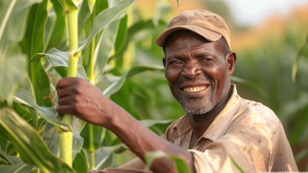 Un granjero entre altos tallos de maíz