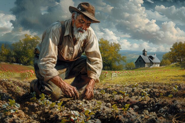 Foto un granjero anciano cuidando de las plantas en el paisaje rural