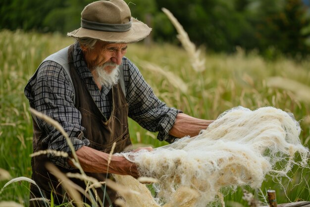 Un granjero anciano examinando la lana en un día soleado en el campo