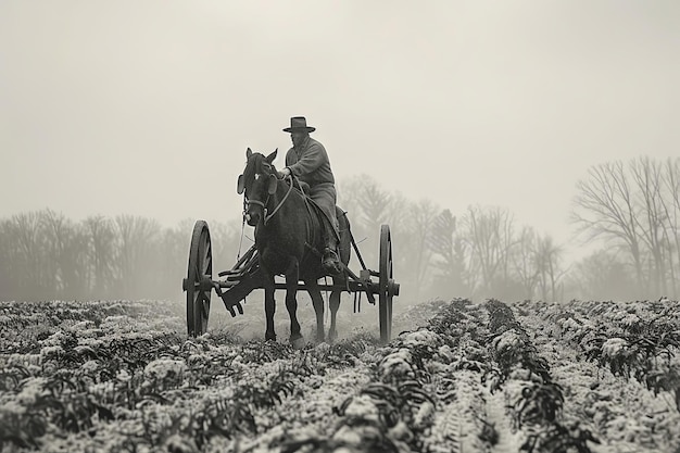 Un granjero con un arado tirado por un caballo en los campos