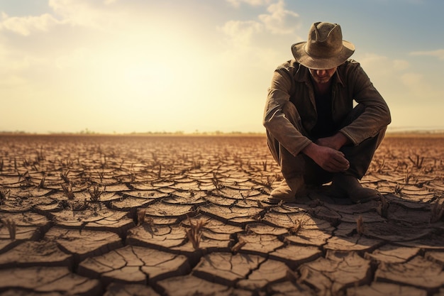 Un granjero se arrodilla en un campo asolado por la sequía su generativo ai