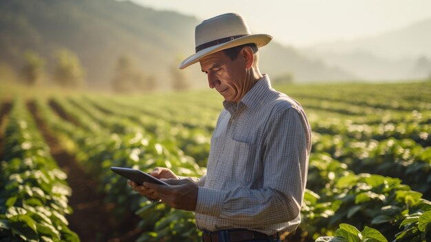 Granjero asiático en un campo de maíz que crece usando una tableta digital para revisar la cosecha