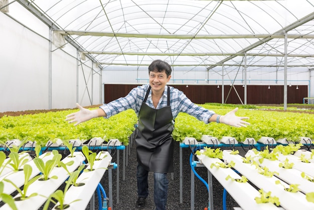 Granjero asiático feliz en la ensalada de la granja que produce jardín hidropónicamente sin suelo agrícola en el invernadero orgánico para alimentos saludables