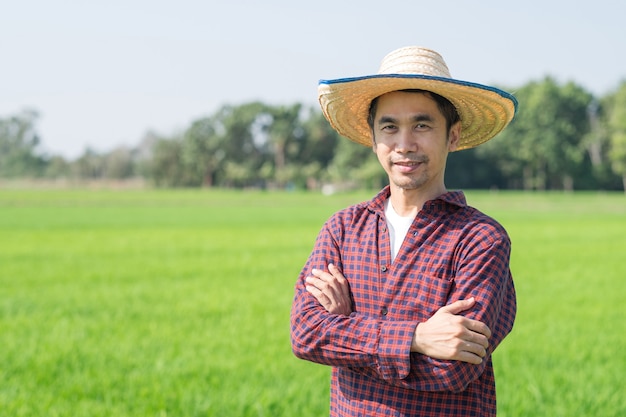 Granjero asiático hombre de pie con los brazos cruzados y sonríe en una granja de arroz verde
