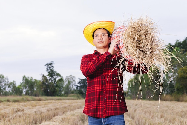 Granjero asiático con rastrojo de arroz en el campo