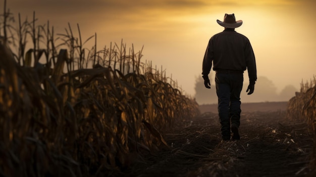 Granjero caminando por el campo de cultivo de trigo al amanecer silueta de hombre con sombrero