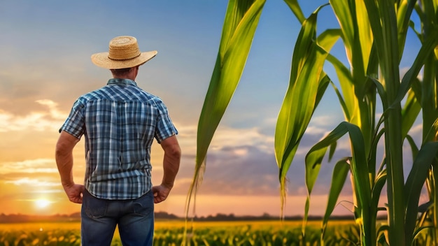 granjero caminando en el campo de maíz con la tableta granjero hombre con un teléfono inteligente y caminando en